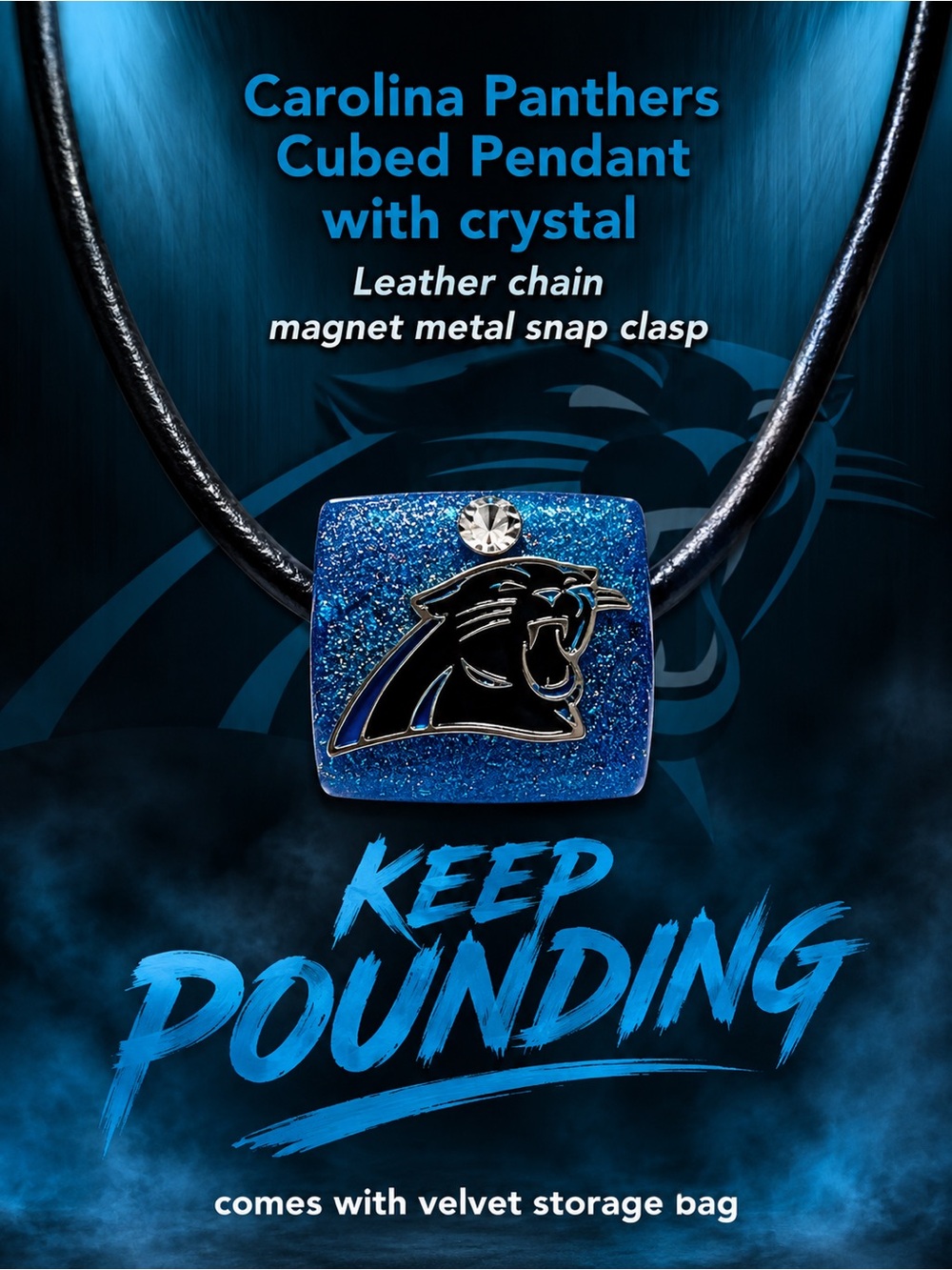 Carolina Panthers Necklace Cubed Pendant on black leather chain